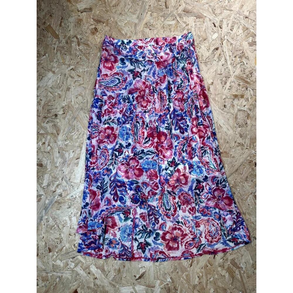Harlow Rose Floral Mesh Wrap Midi Skirt Womens Large Pink Blue Paisley High Low